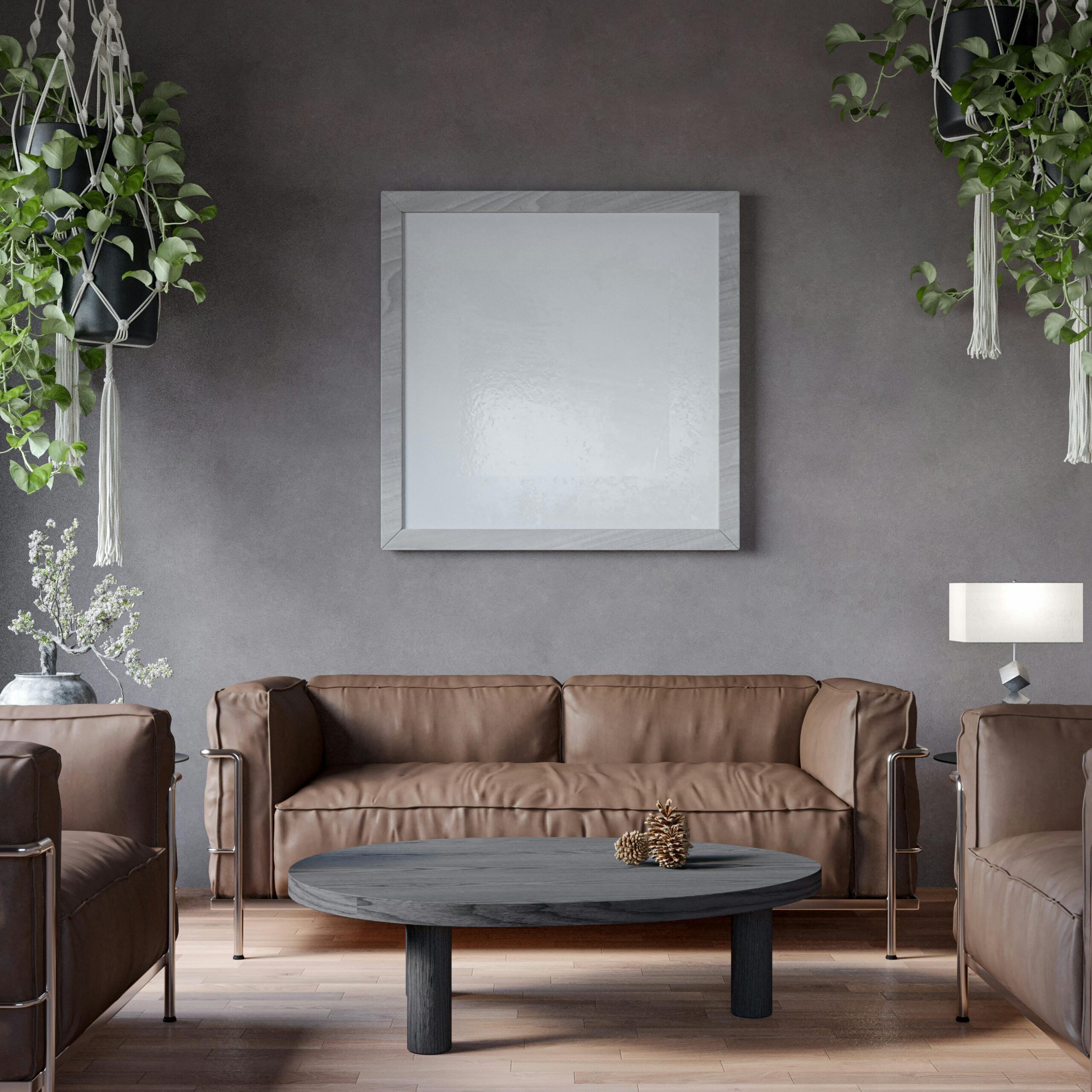Stylish contemporary living room with brown sofas and green plants.